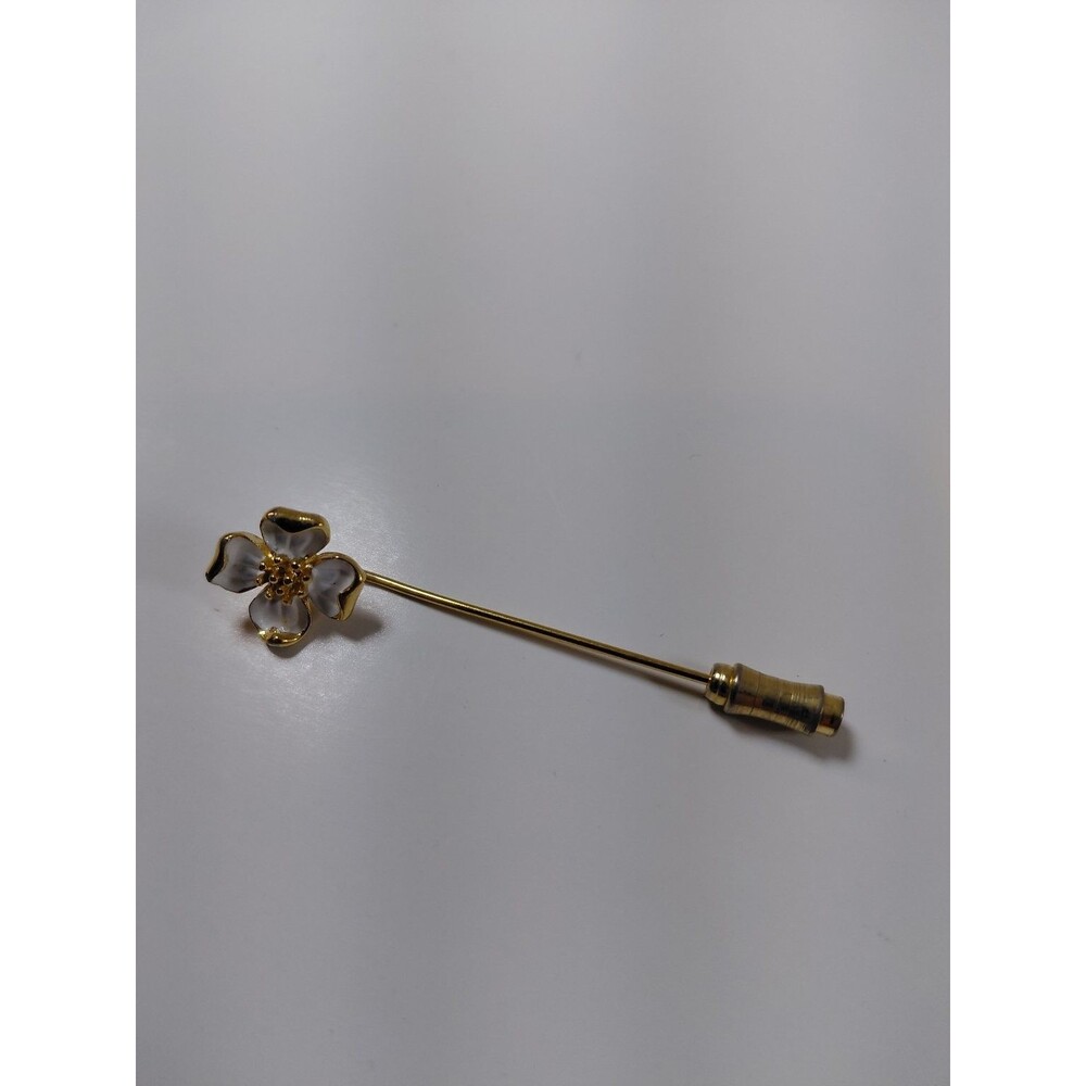 Trifari Crown Stick Pin White Enamel Flower Gold Tone Hat Pin Jewelry